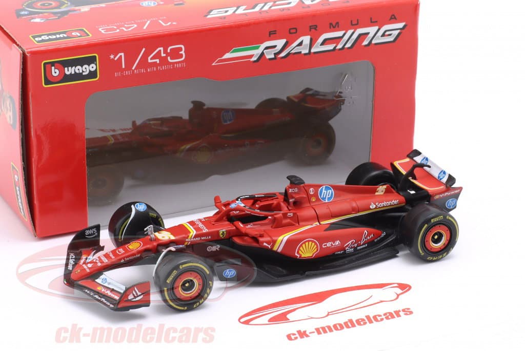 Bburago Rojo mate 1:43 F1 Ferrari SF-24 (sin casco, caja de cartón) (#16 Charles Leclerc) (GP Emilia-Romaña Imola 2024)