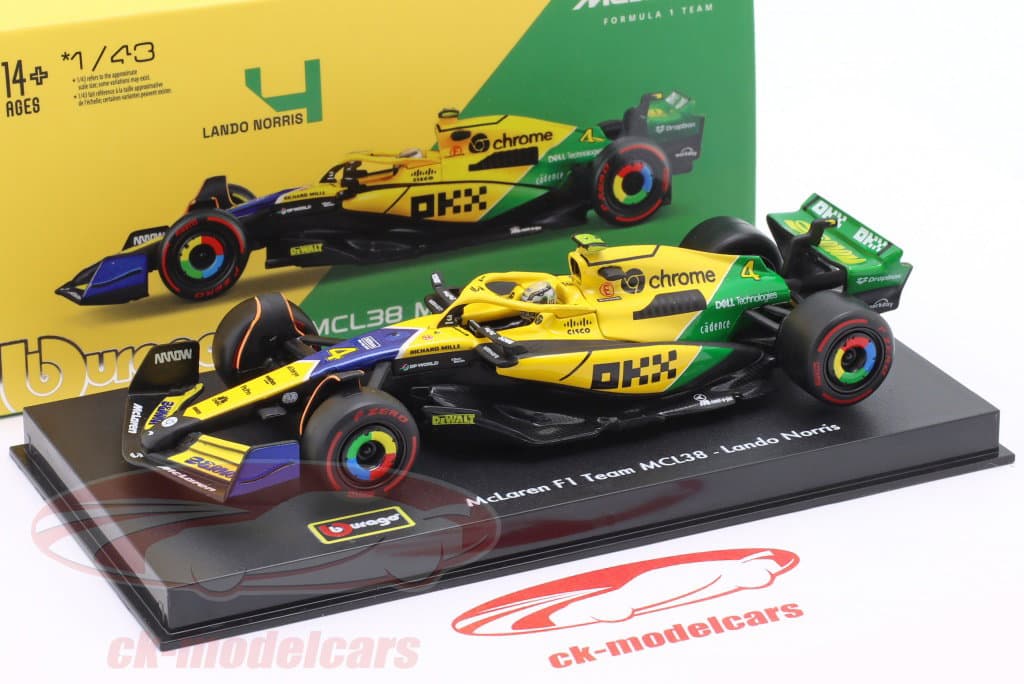 Bburago Negro mate/amarillo/verde 1:43 (GP Mónaco) (#4 Lando Norris) McLaren F1 MCL38 (con casco, caja acrílica)